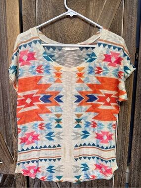 Gaze Aztec Short Sleeve Knit Top - Orange, Pink & Teal